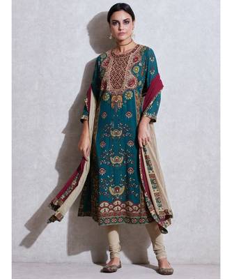 Round Neck 3/4 Sleeve Long Printed Embroidered Kurta With Legging And Dupatta 1