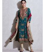 Round Neck 3/4 Sleeve Long Printed Embroidered Kurta With Legging And Dupatta