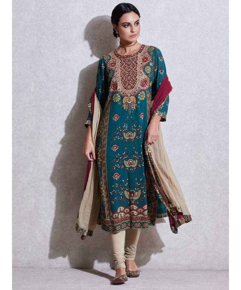 Round Neck 3/4 Sleeve Long Printed Embroidered Kurta With Legging And Dupatta