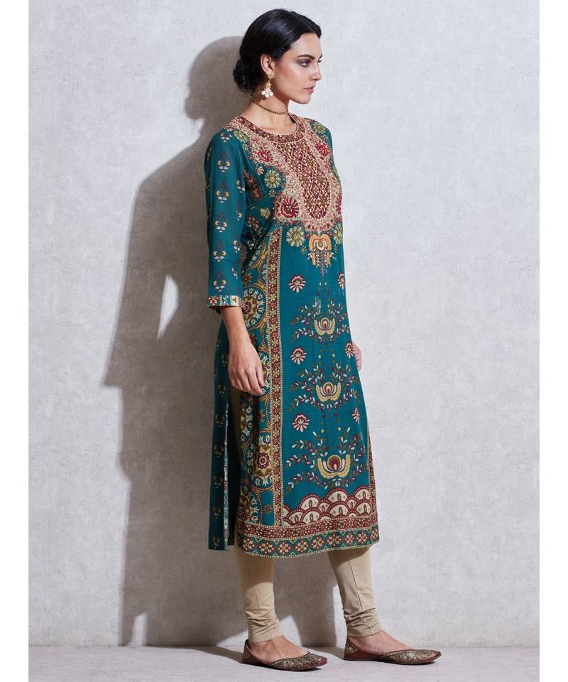 Round Neck 3/4 Sleeve Long Printed Embroidered Kurta With Legging And Dupatta
