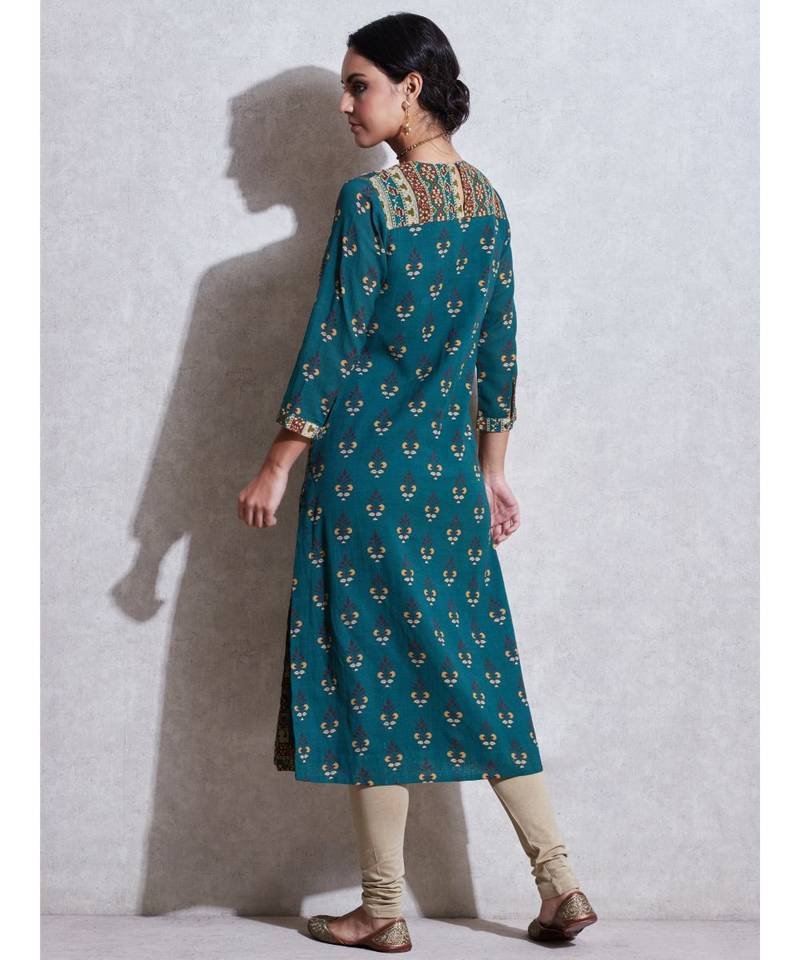 Round Neck 3/4 Sleeve Long Printed Embroidered Kurta With Legging And Dupatta