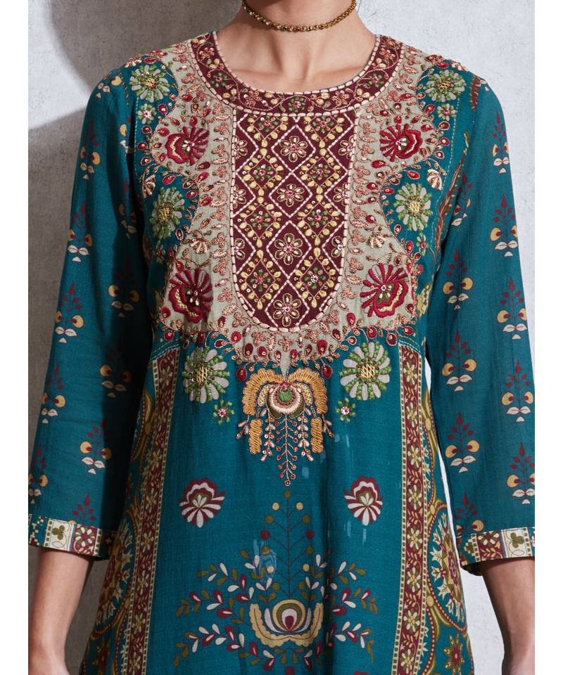 Round Neck 3/4 Sleeve Long Printed Embroidered Kurta With Legging And Dupatta