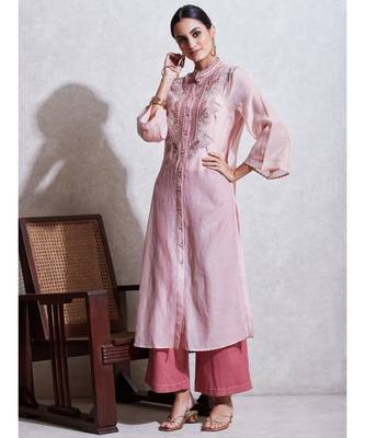 Band Collar 3/4 Sleeve Long Solid Embroidered Kurta With Camisole And Trouser 1