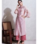 Band Collar 3/4 Sleeve Long Solid Embroidered Kurta With Camisole And Trouser