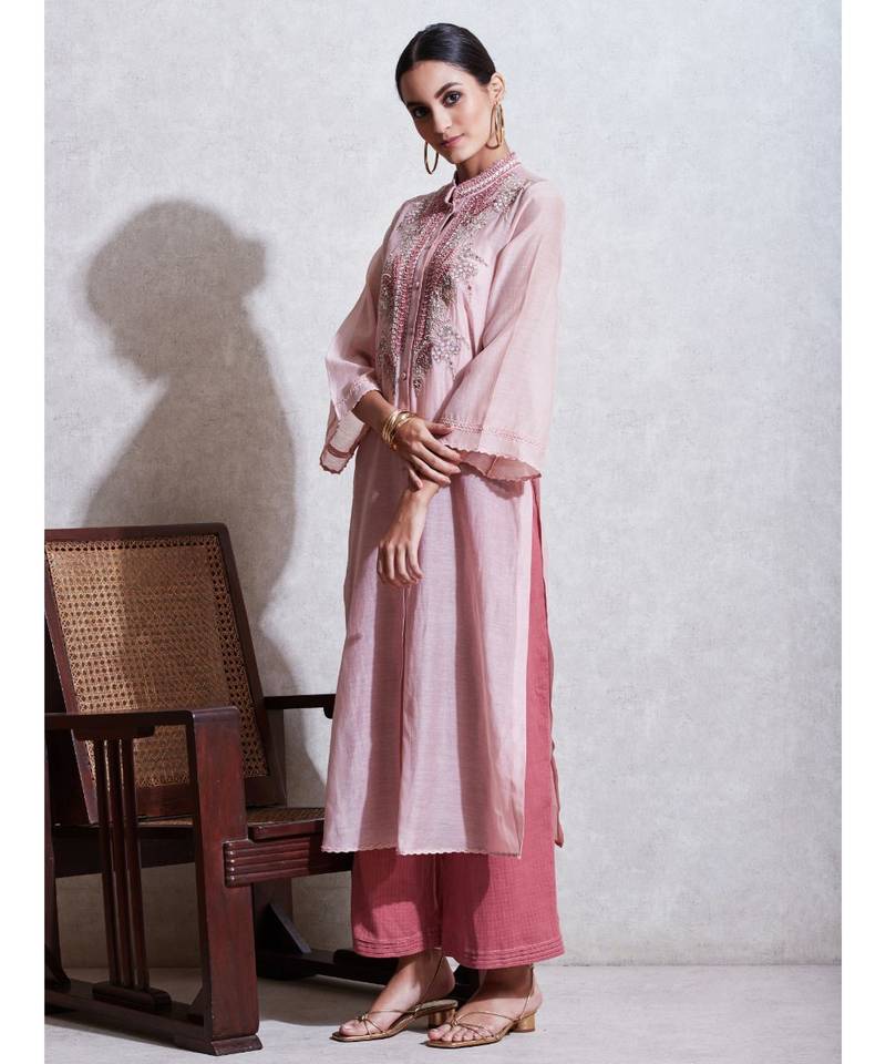 Band Collar 3/4 Sleeve Long Solid Embroidered Kurta With Camisole And Trouser