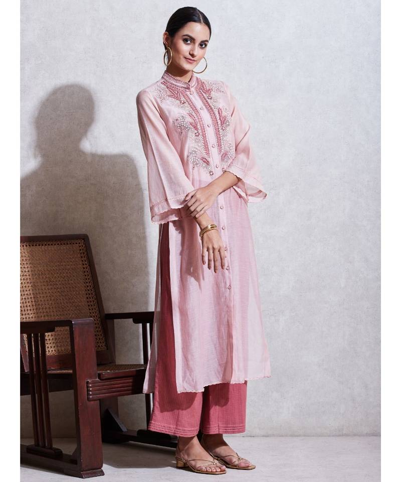 Band Collar 3/4 Sleeve Long Solid Embroidered Kurta With Camisole And Trouser