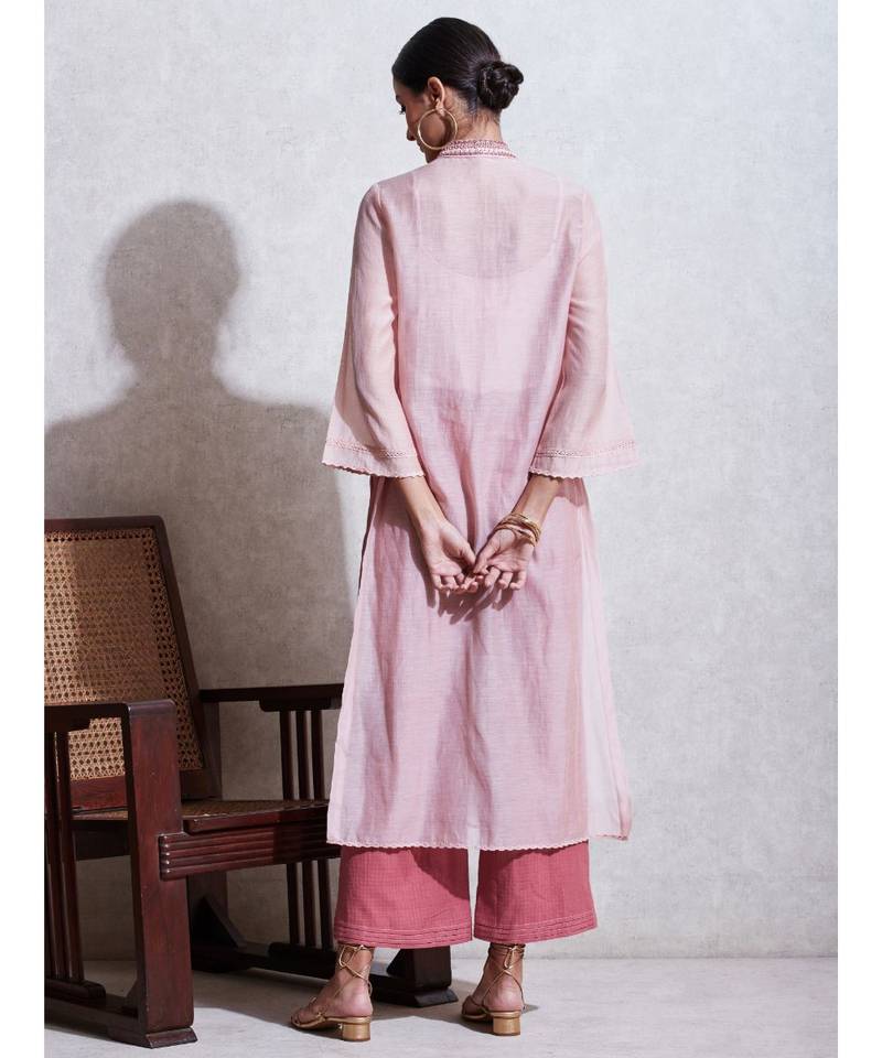 Band Collar 3/4 Sleeve Long Solid Embroidered Kurta With Camisole And Trouser