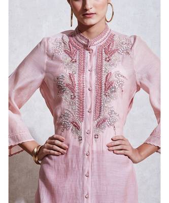 Band Collar 3/4 Sleeve Long Solid Embroidered Kurta With Camisole And Trouser 5