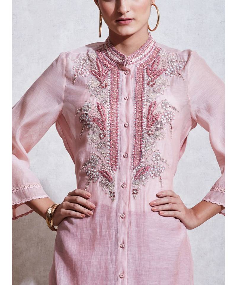 Band Collar 3/4 Sleeve Long Solid Embroidered Kurta With Camisole And Trouser