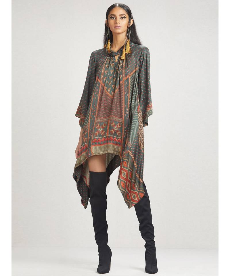 Twisted Neck 3/4 Sleeve Printed Asymmetrical Kurti
