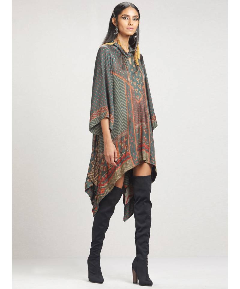 Twisted Neck 3/4 Sleeve Printed Asymmetrical Kurti