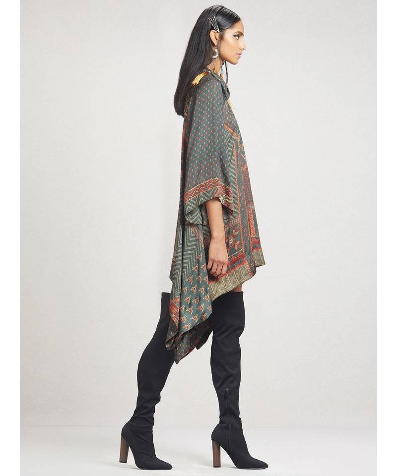 Twisted Neck 3/4 Sleeve Printed Asymmetrical Kurti