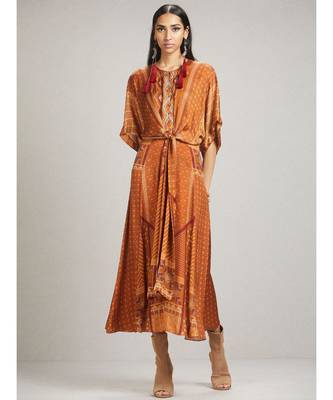 Round Neck Half Sleeve Long Printed Dress With Waist Tie 1