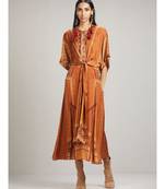 Round Neck Half Sleeve Long Printed Dress With Waist Tie