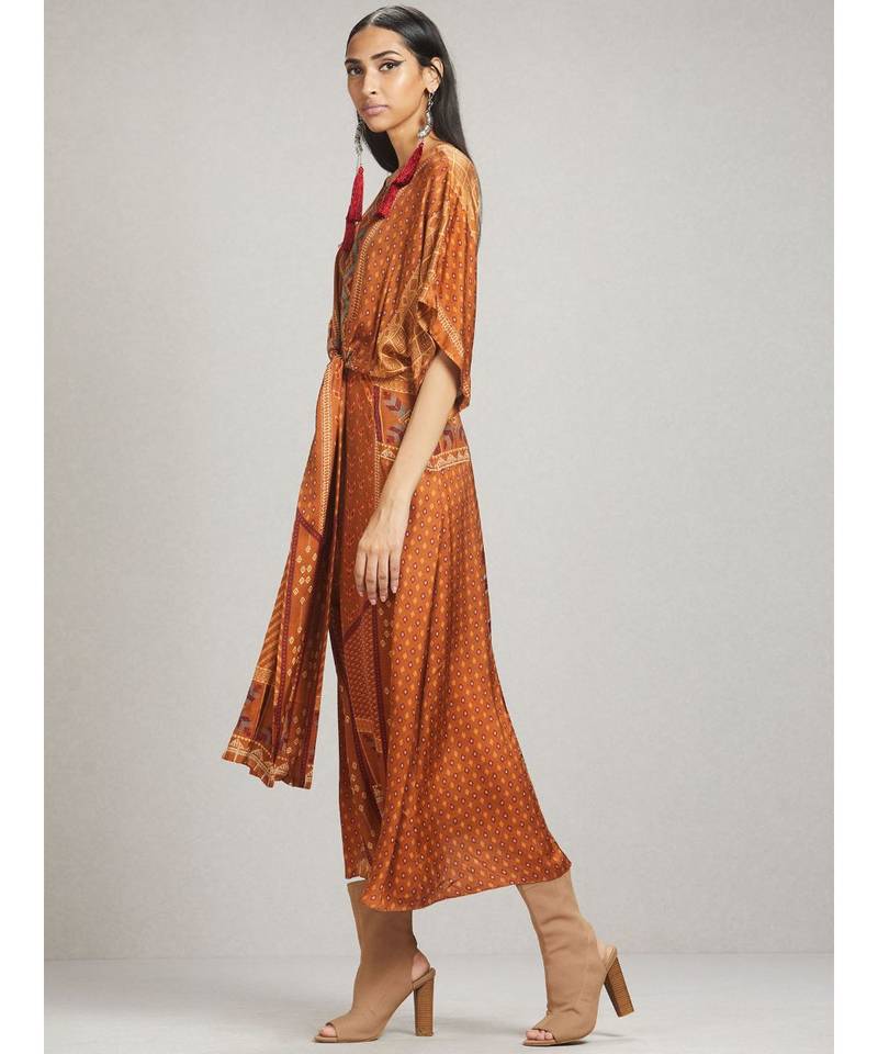 Round Neck Half Sleeve Long Printed Dress With Waist Tie