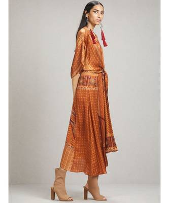 Round Neck Half Sleeve Long Printed Dress With Waist Tie 4
