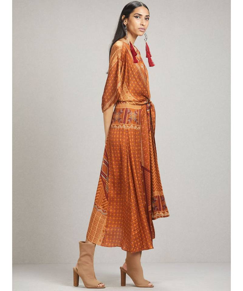 Round Neck Half Sleeve Long Printed Dress With Waist Tie