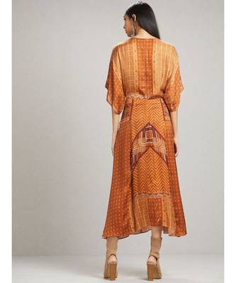 Round Neck Half Sleeve Long Printed Dress With Waist Tie 5