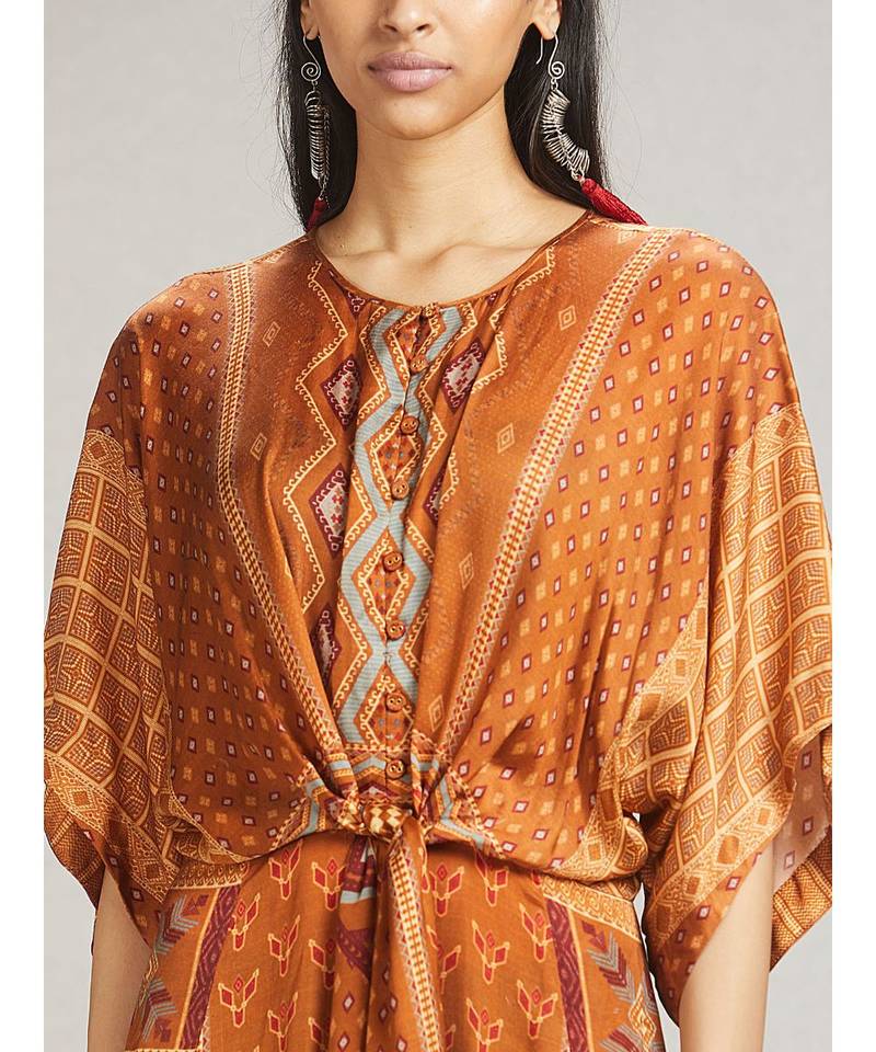 Round Neck Half Sleeve Long Printed Dress With Waist Tie