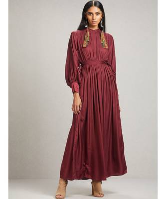 Round Neck Full Sleeve Long Solid Dress With Self Tie 1