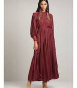 Round Neck Full Sleeve Long Solid Dress With Self Tie