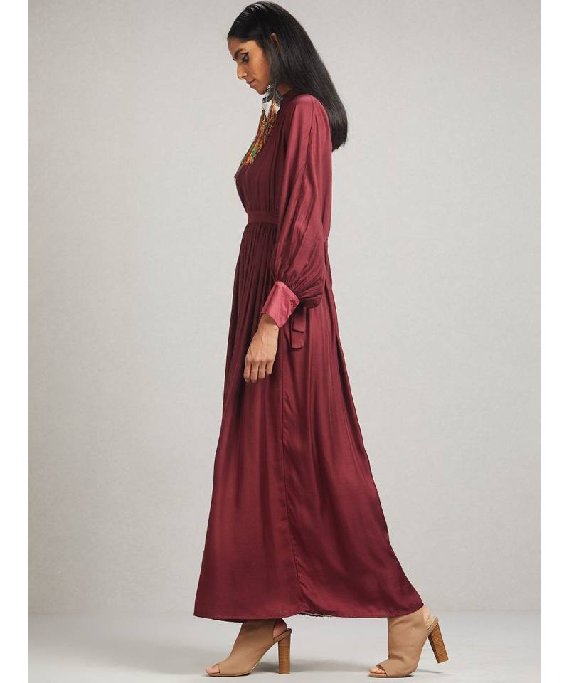 Round Neck Full Sleeve Long Solid Dress With Self Tie