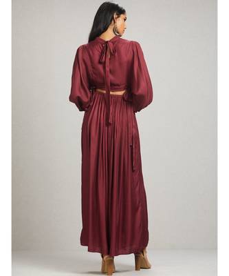 Round Neck Full Sleeve Long Solid Dress With Self Tie 3