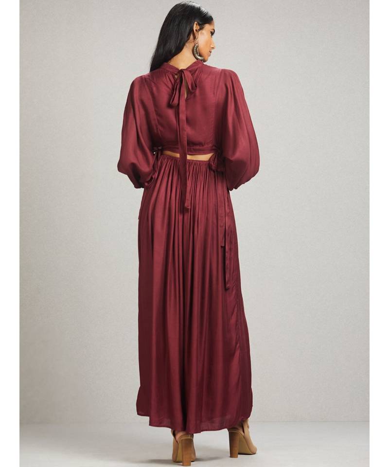 Round Neck Full Sleeve Long Solid Dress With Self Tie