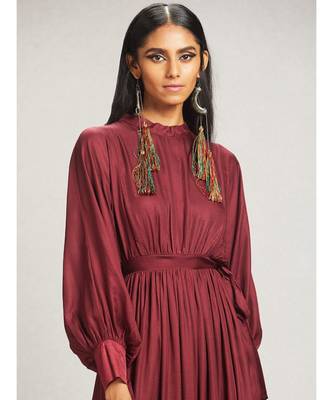 Round Neck Full Sleeve Long Solid Dress With Self Tie 4