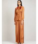 Round Neck Full Sleeve Short Solid Kurti With Self Tie Solid Palazzo Pants