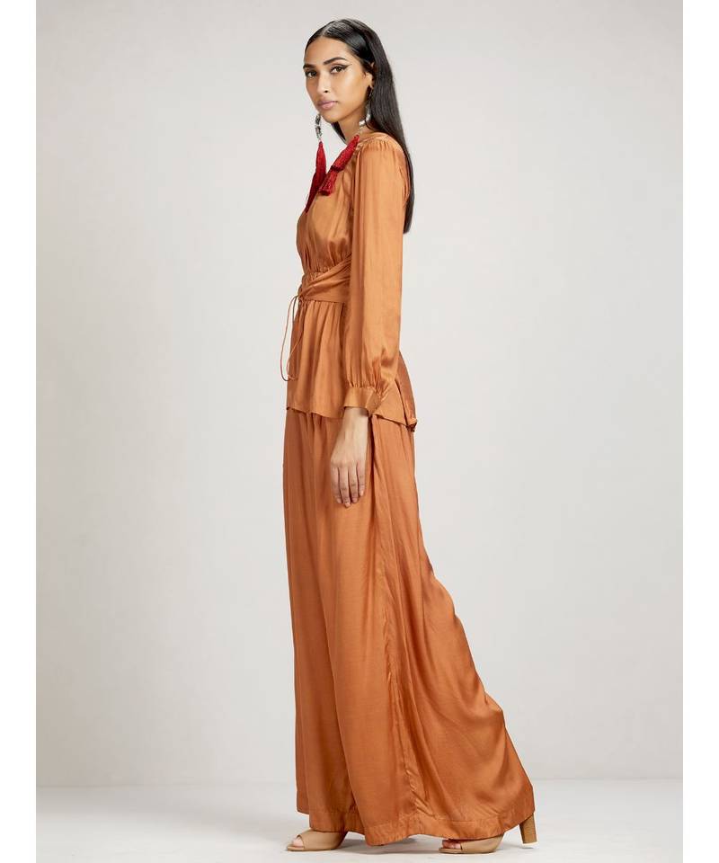 Round Neck Full Sleeve Short Solid Kurti With Self Tie Solid Palazzo Pants