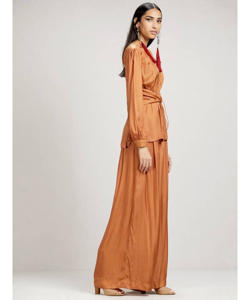 Round Neck Full Sleeve Short Solid Kurti With Self Tie Solid Palazzo Pants