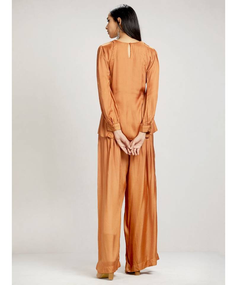 Round Neck Full Sleeve Short Solid Kurti With Self Tie Solid Palazzo Pants