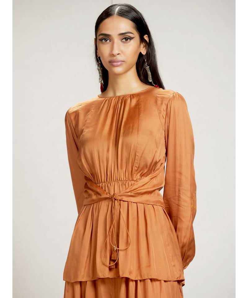 Round Neck Full Sleeve Short Solid Kurti With Self Tie Solid Palazzo Pants