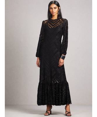 Boat Neck Full Sleeve Long Solid Velvet Dress 1