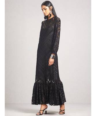 Boat Neck Full Sleeve Long Solid Velvet Dress 3