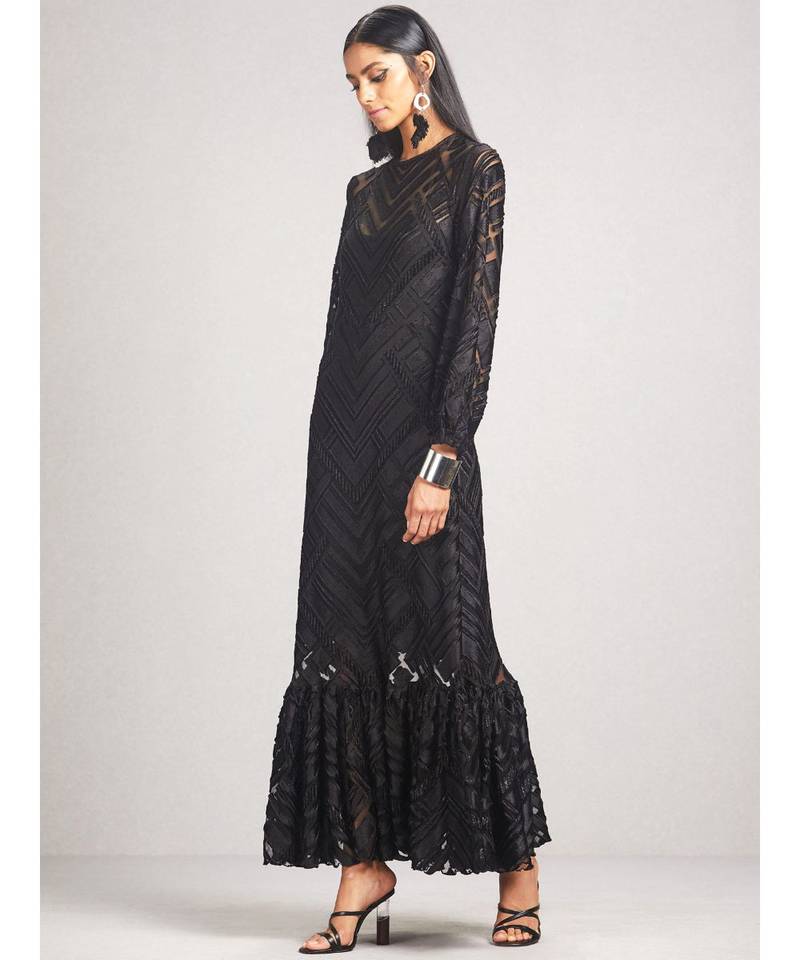 Boat Neck Full Sleeve Long Solid Velvet Dress