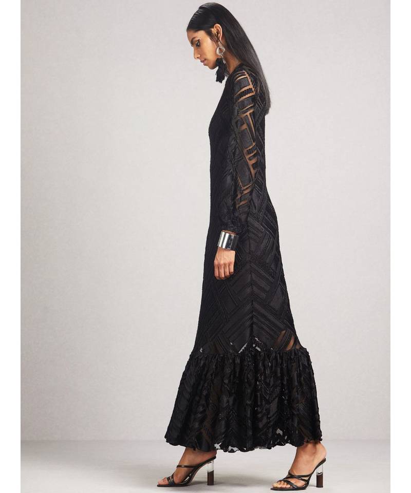 Boat Neck Full Sleeve Long Solid Velvet Dress