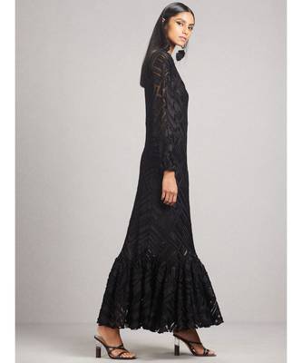 Boat Neck Full Sleeve Long Solid Velvet Dress 5
