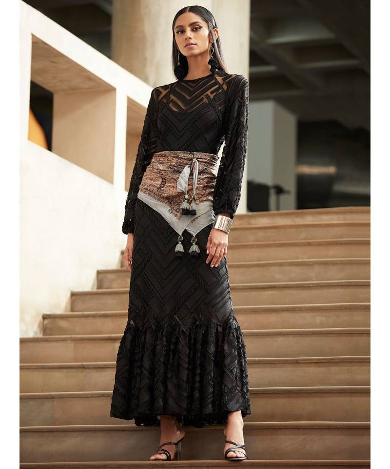 Boat Neck Full Sleeve Long Solid Velvet Dress
