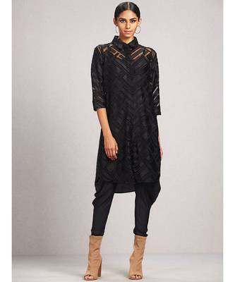 Shirt Collar 3/4 Sleeve Solid Velvet Kurti With Camisole 1