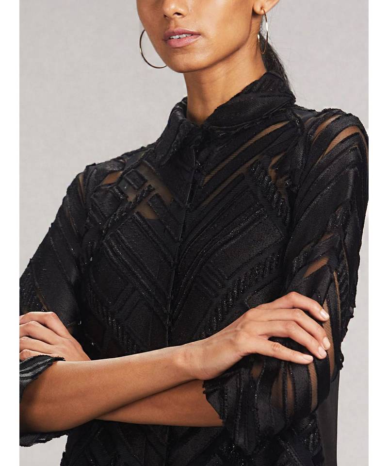 Shirt Collar 3/4 Sleeve Solid Velvet Kurti With Camisole