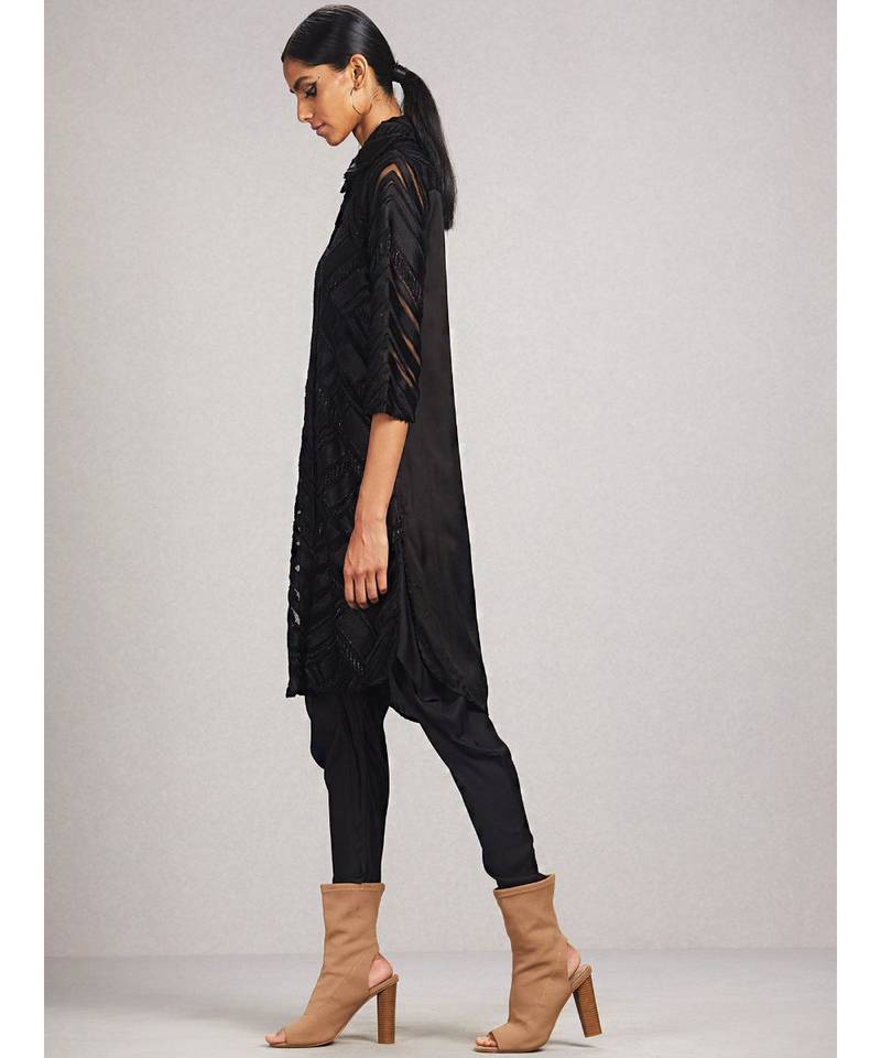 Shirt Collar 3/4 Sleeve Solid Velvet Kurti With Camisole