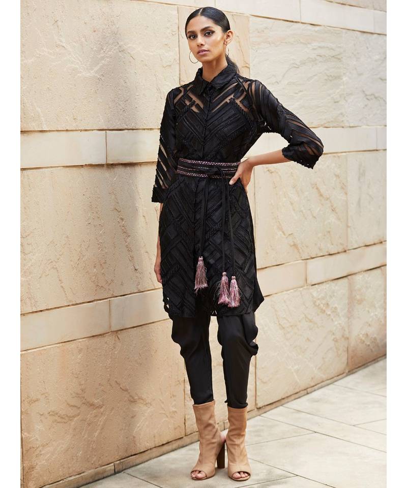 Shirt Collar 3/4 Sleeve Solid Velvet Kurti With Camisole
