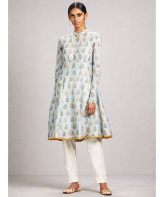 Band Collar Full Sleeve Flared Printed Kurta 1