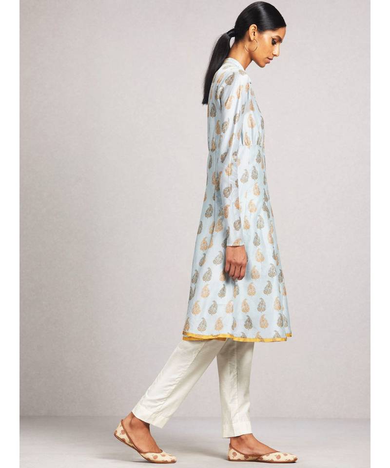 Band Collar Full Sleeve Flared Printed Kurta