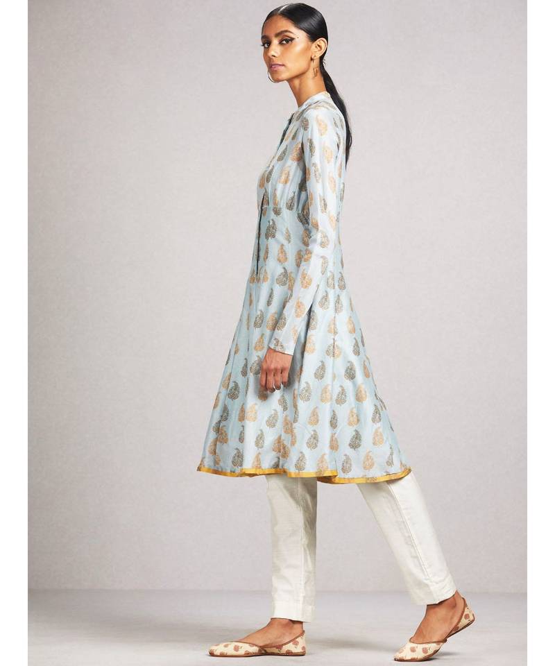 Band Collar Full Sleeve Flared Printed Kurta