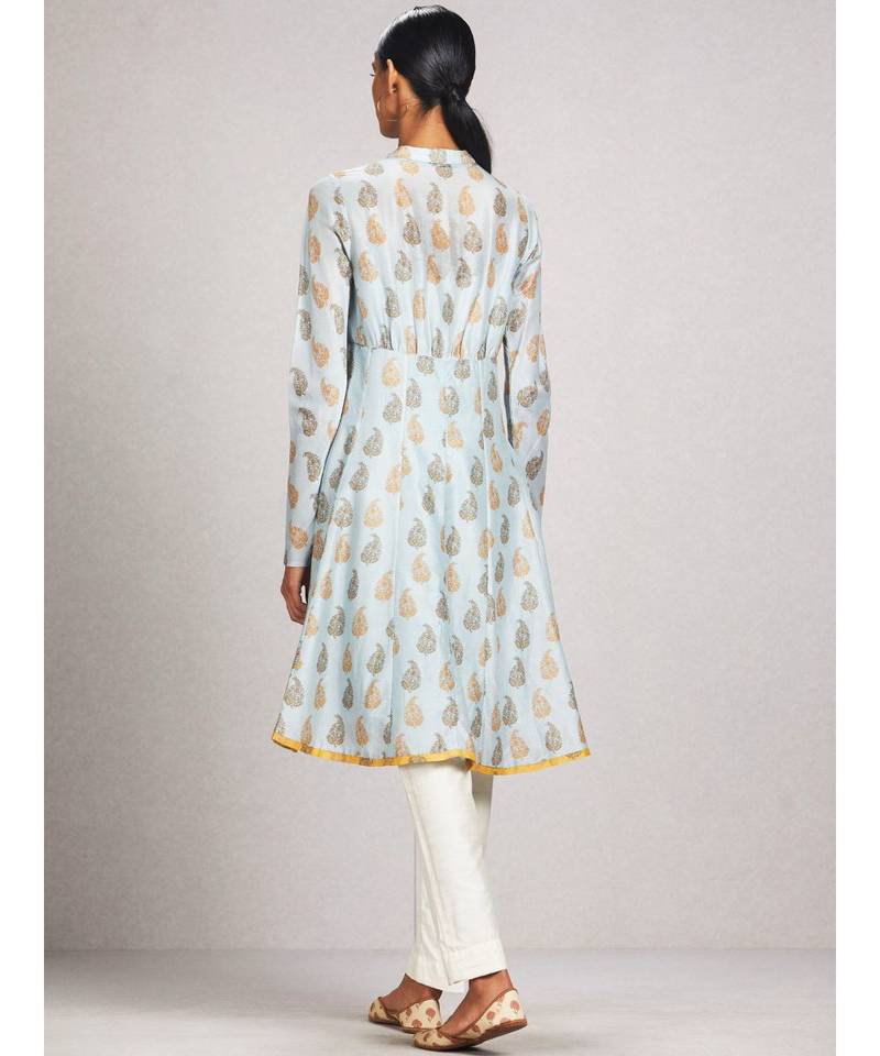 Band Collar Full Sleeve Flared Printed Kurta