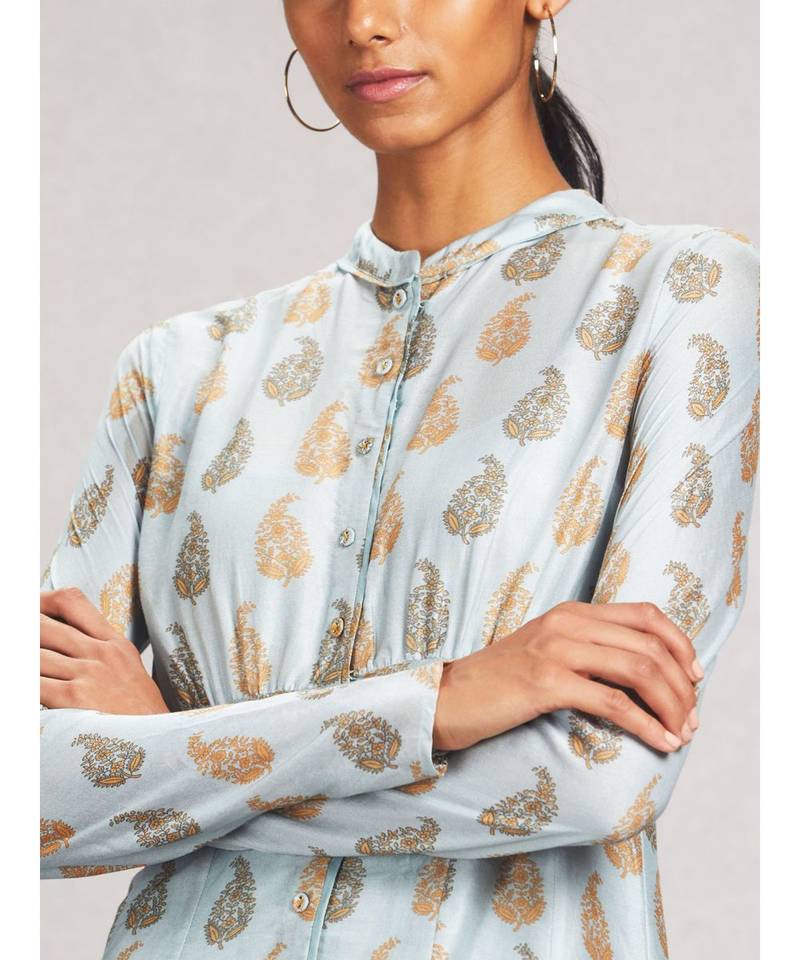 Band Collar Full Sleeve Flared Printed Kurta