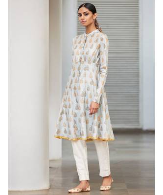 Band Collar Full Sleeve Flared Printed Kurta 6